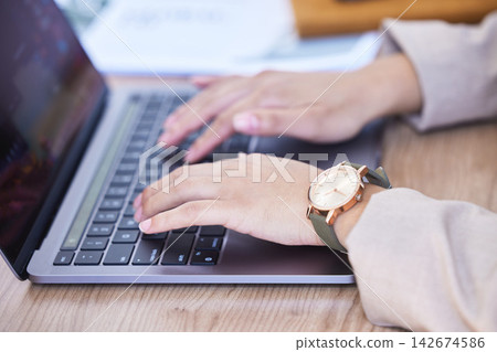 Business, woman and laptop in closeup with keyboard at desk, working with technology for company. Female person, computer and office with internet for typing with email, idea for growth at table 142674586