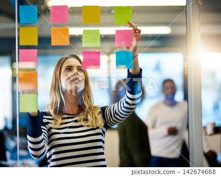 Woman, sticky note and glass wall for project idea or brainstorming planning, productivity or company. Female person, paper and moodboard inspiration for creative mind map or startup, office or goals Woman, sticky note and glass wall for project idea or brainstorming planning, productivity or company. Female person, paper and moodboard inspiration for creative mind map or startup, office or goals 142674668
