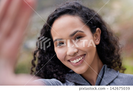 Fitness, happy woman or portrait for outdoor selfie for social media, post update or profile picture with smile. Hiking exercise, girl or photography for memory, training or walking in nature or park 142675039