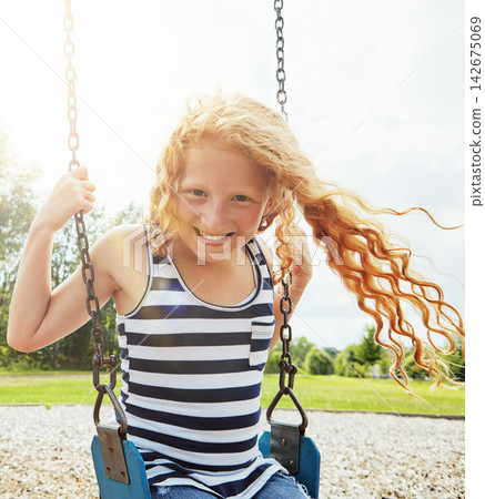 Preschool girl, portrait and smile with park, swing and nature for outdoor fun or play with fresh air. Child, tree or playground with summer, freedom or school holiday or break outside with happiness Preschool girl, portrait and smile with park, swing and nature for outdoor fun or play with fresh air. Child, tree or playground with summer, freedom or school holiday or break outside with happiness 142675069