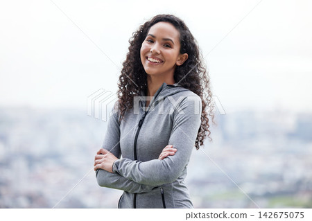 Portrait, outdoor and woman with arms crossed, fitness and smile with confidence, progress and balance. Face, happy person and runner in nature, pride and training with exercise, challenge or workout Portrait, outdoor and woman with arms crossed, fitness and smile with confidence, progress and balance. Face, happy person and runner in nature, pride and training with exercise, challenge or workout 142675075