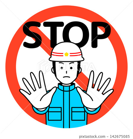 A male paramedic says "STOP" while holding up a prohibition sign and both hands. A male paramedic says "STOP" while holding up a prohibition sign and both hands. 142675085