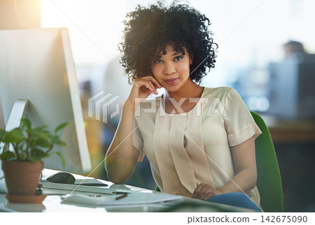 Woman, portrait and business workplace and desk with computer, desktop and planning for online project. Personal assistant and professional administrator, email and company schedule for work agenda Woman, portrait and business workplace and desk with computer, desktop and planning for online project. Personal assistant and professional administrator, email and company schedule for work agenda 142675090