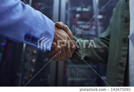 People, handshake and technician engineer in server room, employees and programmers for cyber deal. Men, colleagues and support for machine maintenance, teamwork and networking or thank you for hire People, handshake and technician engineer in server room, employees and programmers for cyber deal. Men, colleagues and support for machine maintenance, teamwork and networking or thank you for hire 142675091