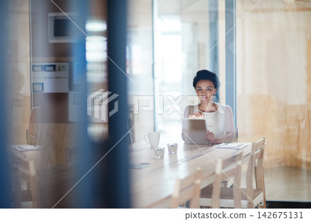 Business woman, tablet and conference room with portrait and digital planning for labor law case. Research, professional and reading on the internet and website at an attorney firm with glass Business woman, tablet and conference room with portrait and digital planning for labor law case. Research, professional and reading on the internet and website at an attorney firm with glass 142675131
