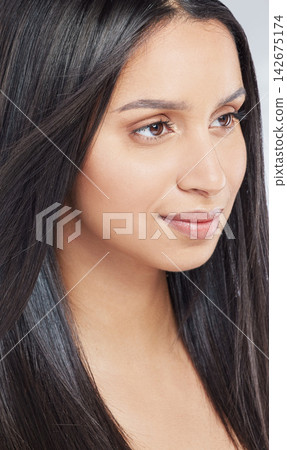 Woman, face and straight hair or beauty in studio with luxury cosmetics and makeup. Model, head and girl with healthy texture from treatment for natural hairstyle or dermatology for glow on skin Woman, face and straight hair or beauty in studio with luxury cosmetics and makeup. Model, head and girl with healthy texture from treatment for natural hairstyle or dermatology for glow on skin 142675174