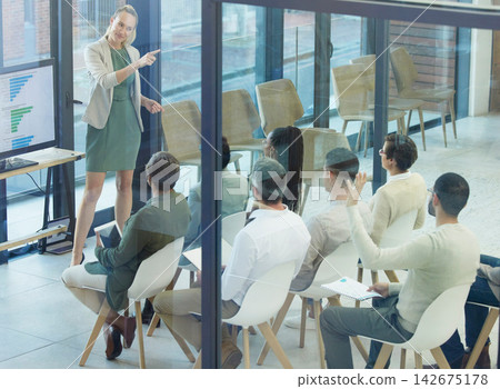 Presentation, question and woman with business people at seminar for feedback, brainstorming or leadership. Planning, teamwork and manager in workshop for ideas, growth or development in training Presentation, question and woman with business people at seminar for feedback, brainstorming or leadership. Planning, teamwork and manager in workshop for ideas, growth or development in training 142675178