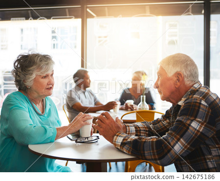 Senior couple, coffee shop and talking together, relationship bonding and discussion for retirement plan with married people. Break, restaurant and conversation or table, communication and care Senior couple, coffee shop and talking together, relationship bonding and discussion for retirement plan with married people. Break, restaurant and conversation or table, communication and care 142675186