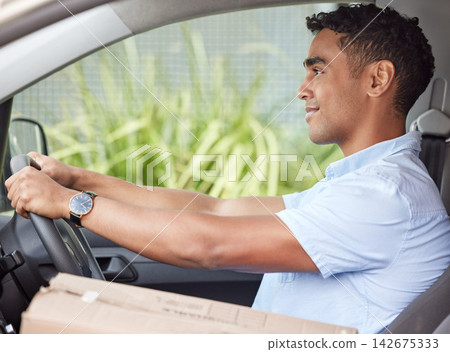 Happy man, delivery or driver in car with box, smile or package for product in commercial shipping. Business, ready or courier worker in freight industry, supply chain or trailer on road for service Happy man, delivery or driver in car with box, smile or package for product in commercial shipping. Business, ready or courier worker in freight industry, supply chain or trailer on road for service 142675333