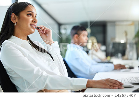 Mic, call center or happy woman consultant talking in telecom customer support service at office. Listen, communication or friendly virtual assistant with headset in CRM for online advice or help Mic, call center or happy woman consultant talking in telecom customer support service at office. Listen, communication or friendly virtual assistant with headset in CRM for online advice or help 142675407