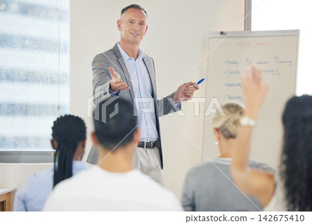Manager, presentation and business people with questions, whiteboard and office for coaching with speaker. Target, monthly meeting and teamwork in company with leader in Australia for finance plan 142675410