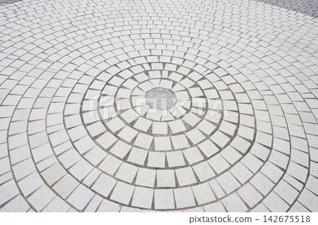 Circular Stone Paving Pattern with Radial Tile Design, Top View Circular Stone Paving Pattern with Radial Tile Design, Top View 142675518