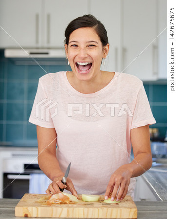 Cooking, vegetables and portrait of woman in kitchen for meal prep for dinner, supper and onion. Recipe, food and happy person with ingredients on counter for wellness, nutrition and healthy eating Cooking, vegetables and portrait of woman in kitchen for meal prep for dinner, supper and onion. Recipe, food and happy person with ingredients on counter for wellness, nutrition and healthy eating 142675675