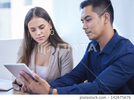 Teamwork, mentor and coworking in office with tablet for reading legal info in consultation. Manager, training and employees collaboration with review, feedback and advice for document in law firm Teamwork, mentor and coworking in office with tablet for reading legal info in consultation. Manager, training and employees collaboration with review, feedback and advice for document in law firm 142675676