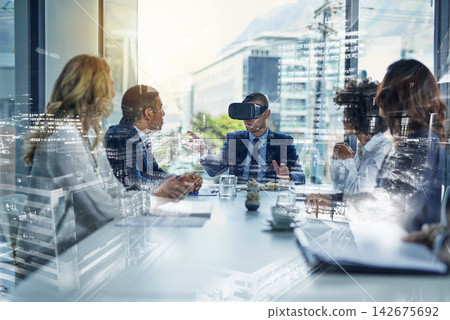 Business, meeting and people in double exposure with vr, city or proposal of future technology in office. Corporate, investment or team with high tech virtual reality software and cyber innovation Business, meeting and people in double exposure with vr, city or proposal of future technology in office. Corporate, investment or team with high tech virtual reality software and cyber innovation 142675692