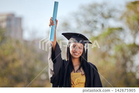 Graduation, happy and portrait of woman with scroll on university campus for education achievement. Smile, future and female student graduate with college diploma, degree or certificate to celebrate. Graduation, happy and portrait of woman with scroll on university campus for education achievement. Smile, future and female student graduate with college diploma, degree or certificate to celebrate. 142675905
