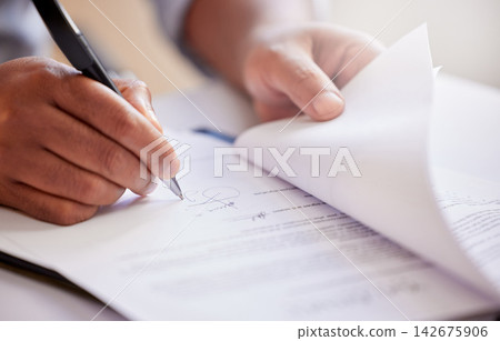 Hands, signature and writing on contract for deal at record company for music license in office. Person, legal paperwork or document for production budget, artist or sign for distribution of album Hands, signature and writing on contract for deal at record company for music license in office. Person, legal paperwork or document for production budget, artist or sign for distribution of album 142675906
