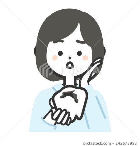 An illustration of a woman's upper body facing forward, with a troubled expression, holding a model of a decayed molar. An illustration of a woman's upper body facing forward, with a troubled expression, holding a model of a decayed molar. 142675958
