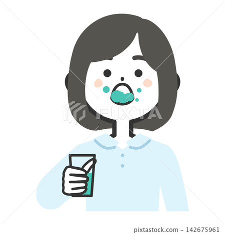 一幅女性面向前方漱口,上半身露出的插圖。 一幅女性面向前方漱口,上半身露出的插圖。 142675961