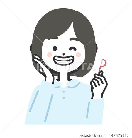 一幅女性上半身的插圖,她面帶微笑,面向前方,手中拿著牙間刷。 一幅女性上半身的插圖,她面帶微笑,面向前方,手中拿著牙間刷。 142675962