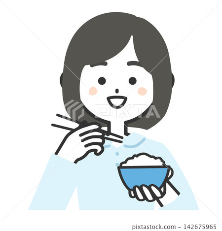 一位微笑的女性面向前方,手捧一碗米飯和一雙筷子,上半身的插圖。 一位微笑的女性面向前方,手捧一碗米飯和一雙筷子,上半身的插圖。 142675965