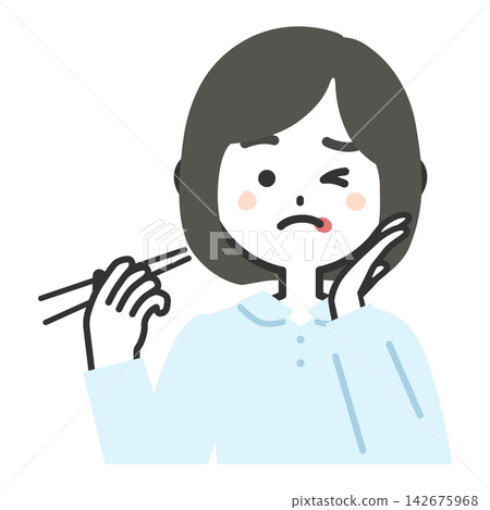An illustration of the upper body of a woman facing forward, holding chopsticks, making a pained expression, and showing discomfort next to her mouth. An illustration of the upper body of a woman facing forward, holding chopsticks, making a pained expression, and showing discomfort next to her mouth. 142675968