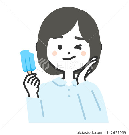 An illustration of a woman's upper body, whose teeth are sensitive after eating ice cream while facing forward. An illustration of a woman's upper body, whose teeth are sensitive after eating ice cream while facing forward. 142675969