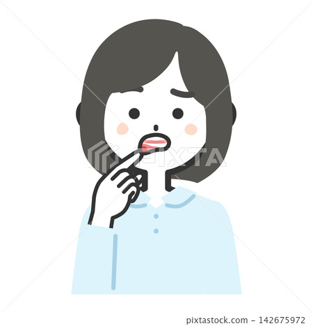 一幅女性上半身正面朝向觀眾的插圖,她的嘴唇向上翹起,露出下側的異常部位。 一幅女性上半身正面朝向觀眾的插圖,她的嘴唇向上翹起,露出下側的異常部位。 142675972