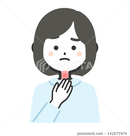 An illustration of a woman's upper body facing forward, showing she has a sore throat. An illustration of a woman's upper body facing forward, showing she has a sore throat. 142675974