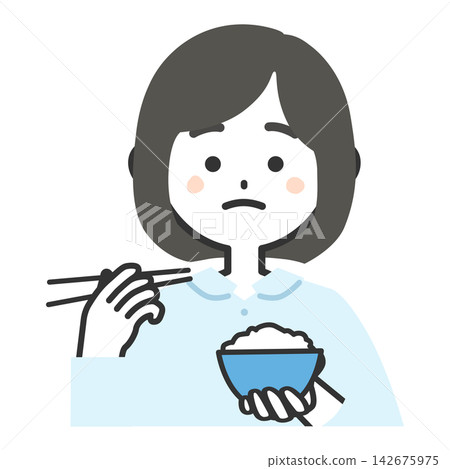 An illustration of the upper body of a woman with a troubled expression, facing forward and holding a bowl of rice and chopsticks. An illustration of the upper body of a woman with a troubled expression, facing forward and holding a bowl of rice and chopsticks. 142675975