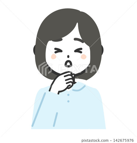 一幅女性上半身向前咳嗽的插圖。 一幅女性上半身向前咳嗽的插圖。 142675976