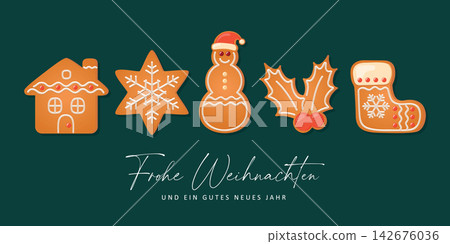 christmas greeting card with cookies gingerbread set sweet decoration vector illustration 142676036