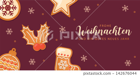christmas greeting card with gingerbread cookies decoration vector illustration christmas greeting card with gingerbread cookies decoration vector illustration 142676044
