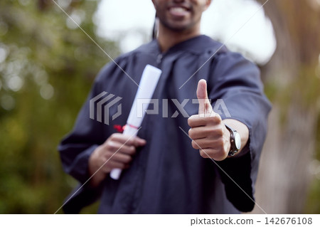 Thumbs up, graduate and diploma outdoor for celebration, achievement and education or ceremony. Person, happy and certificate in hand for university event, student success and scholarship award Thumbs up, graduate and diploma outdoor for celebration, achievement and education or ceremony. Person, happy and certificate in hand for university event, student success and scholarship award 142676108