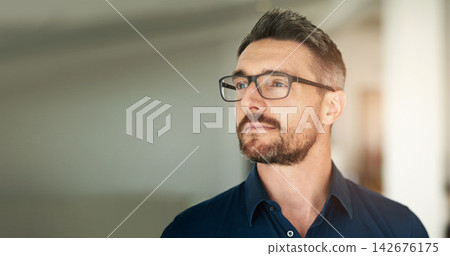 Thinking, businessman and glasses in workplace with ideas for corporate vision, goals and company success. Office, thoughtful and male lawyer with eyewear for growth mindset, career and future case Thinking, businessman and glasses in workplace with ideas for corporate vision, goals and company success. Office, thoughtful and male lawyer with eyewear for growth mindset, career and future case 142676175