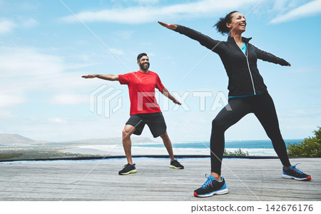 Couple, stretching and arms for fitness in nature with warm up, blue sky and morning activity for flexibility with mockup. People, athlete and teamwork for workout or happy with wellness and exercise Couple, stretching and arms for fitness in nature with warm up, blue sky and morning activity for flexibility with mockup. People, athlete and teamwork for workout or happy with wellness and exercise 142676176