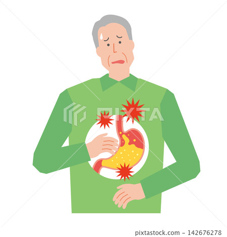 老年男性患有消化不良和胃灼熱 老年男性患有消化不良和胃灼熱 142676278