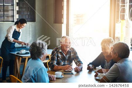 Mature, friends and group relax at coffee shop on holiday or reunion on vacation in retirement. Senior, people and talking at cafe for brunch with latte, espresso and drink cappuccino and chat 142676458