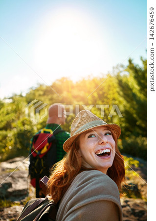 Couple, walking and mountain travel for holiday, adventure and happy journey for bonding in nature. Outdoor, people and honeymoon vacation or date together, explore and love in jungle or wilderness Couple, walking and mountain travel for holiday, adventure and happy journey for bonding in nature. Outdoor, people and honeymoon vacation or date together, explore and love in jungle or wilderness 142676459