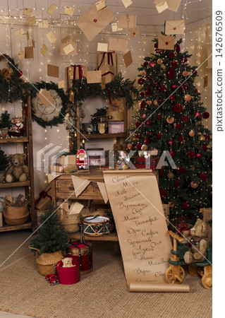 Festive Holiday Background with Letters to Santa and Traditional Decor Festive Holiday Background with Letters to Santa and Traditional Decor 142676509