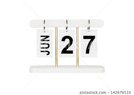 Modern flip calendar with June 27 date isolated on white. Office time management tool icon. Modern flip calendar with June 27 date isolated on white. Office time management tool icon. 142676510