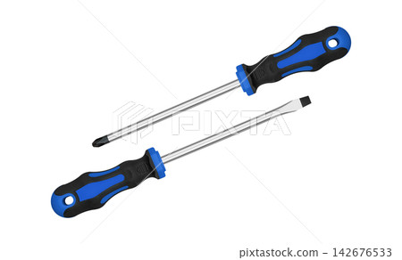 Pair of cross and Blue slot head screwdrivers isolated on white background with copy space Pair of cross and Blue slot head screwdrivers isolated on white background with copy space 142676533