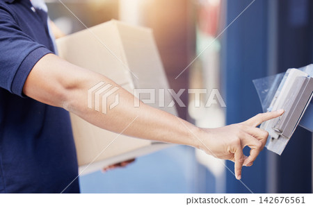 Hands, doorbell and courier person with package for ecommerce delivery, transmission and distribution. Man, box parcel and ring buzzer of intercom for security, confirmation and communication. Hands, doorbell and courier person with package for ecommerce delivery, transmission and distribution. Man, box parcel and ring buzzer of intercom for security, confirmation and communication. 142676561