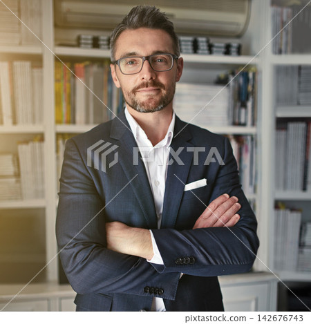Attorney, arms crossed and portrait of man in office for ambition, confidence and legal career. Professional, smile and mature businessman with pride at law firm for corporate, company or job at work Attorney, arms crossed and portrait of man in office for ambition, confidence and legal career. Professional, smile and mature businessman with pride at law firm for corporate, company or job at work 142676743