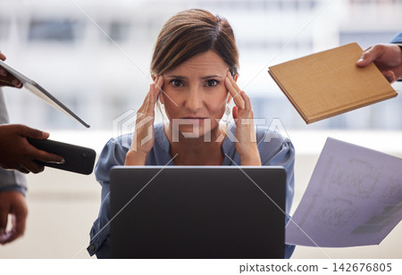 Business people, woman and portrait with headache, burnout and anxiety with deadline, overwhelmed and laptop. Stress, employee and consultant with computer, chaos and multitasking with mental health Business people, woman and portrait with headache, burnout and anxiety with deadline, overwhelmed and laptop. Stress, employee and consultant with computer, chaos and multitasking with mental health 142676805