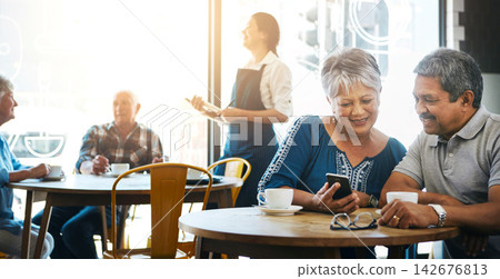 Smile, phone and elderly couple at coffee shop for bonding, conversation or relax together. Retirement, marriage and old man with woman and tech in bistro, cafe or diner for Valentines day morning 142676813