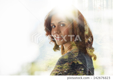 Business woman, double exposure and trees with portrait, smile and mockup space for person of ecology. Entrepreneur, woods and growth in nature, jungle or environment for sustainability at company Business woman, double exposure and trees with portrait, smile and mockup space for person of ecology. Entrepreneur, woods and growth in nature, jungle or environment for sustainability at company 142676823