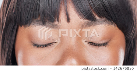 Eyes closed, woman and beauty with eyebrow lamination, epilation and skincare in a studio. Sleeping, tired and nap with relax treatment for eyelash extension and dermatology for care and skin glow Eyes closed, woman and beauty with eyebrow lamination, epilation and skincare in a studio. Sleeping, tired and nap with relax treatment for eyelash extension and dermatology for care and skin glow 142676850