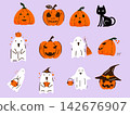 Cute Halloween Cartoon Vector Illustration Set with Pumpkins, Ghosts, and a Black Cat 142676907
