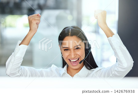 Success, callcenter and woman with excited smile, headset or winning consultant in customer service. Lead generation, celebration and happy virtual assistant at help desk for telemarketing sales deal Success, callcenter and woman with excited smile, headset or winning consultant in customer service. Lead generation, celebration and happy virtual assistant at help desk for telemarketing sales deal 142676938